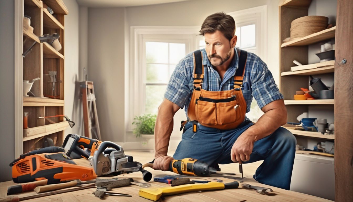 handyman with tools working on various home repair jobs