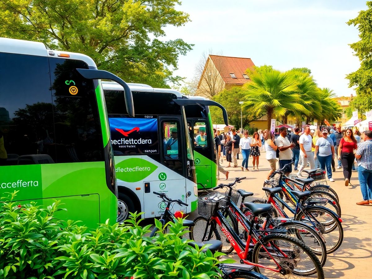 Biciclete și autobuze verzi într-un parc cultural.