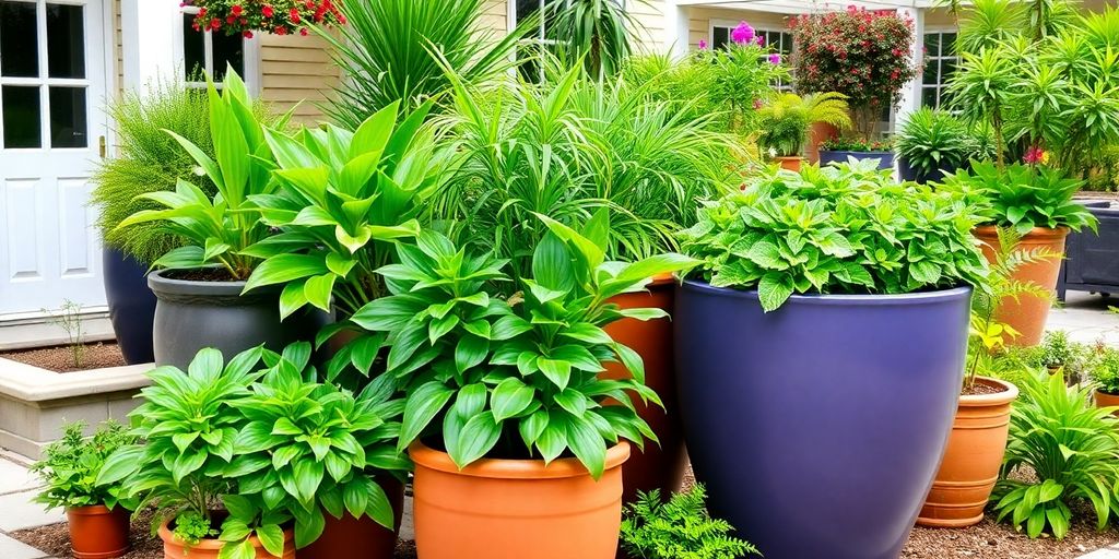 Vasos grandes com plantas variadas em um espaço externo.