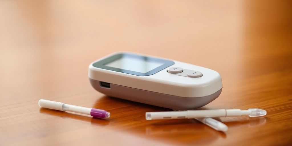 Compact blood sugar meter on a wooden table.