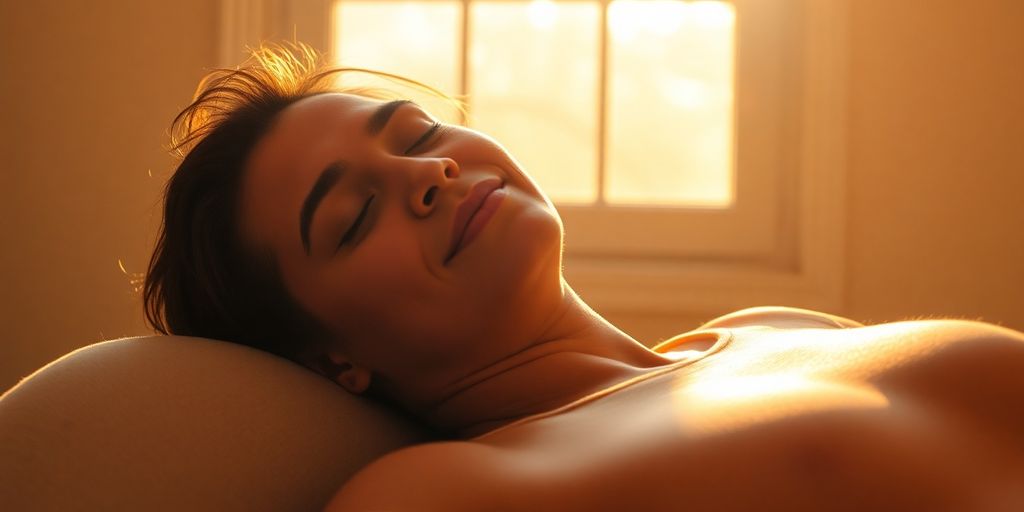 Person resting, serene, golden light.