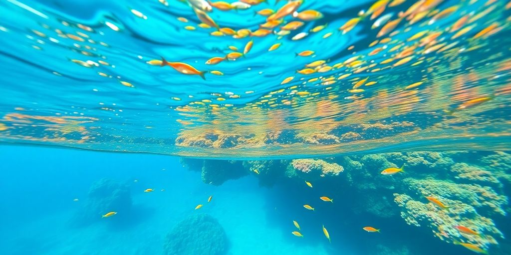 Crystal clear turquoise water with vibrant coral reefs and tropical fish.
