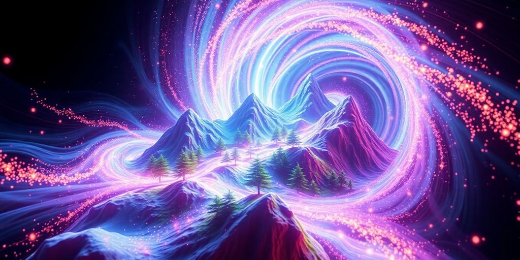 A glowing 3D landscape emerging from swirling abstract light.