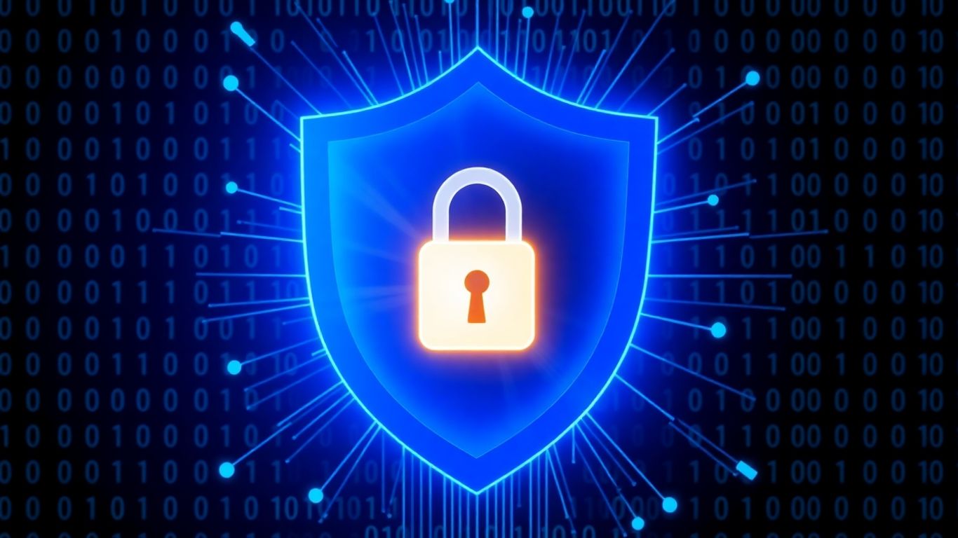 Digital shield with glowing lock icon and binary code.