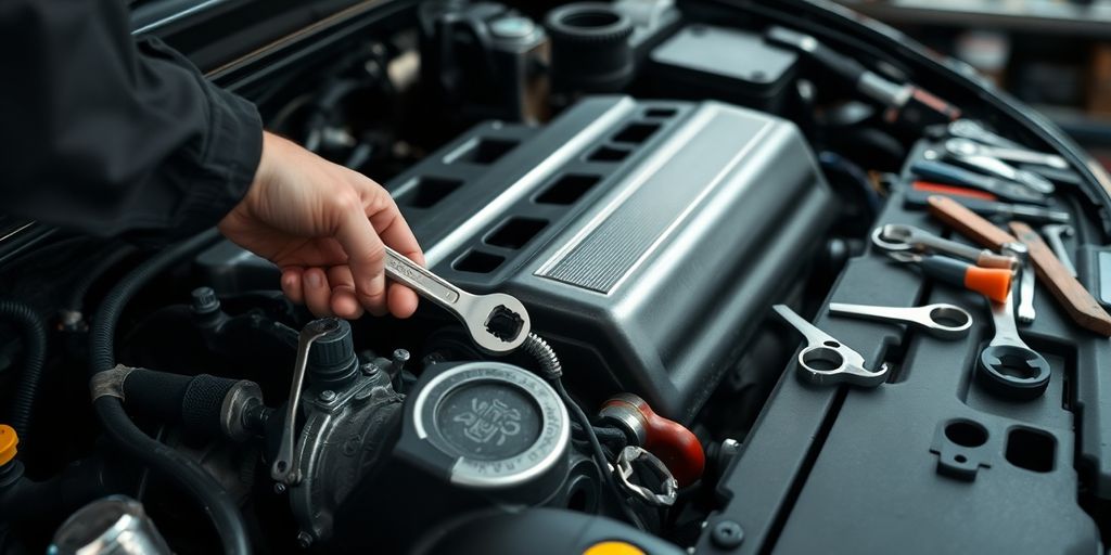 Car engine repair, tools, and hands.