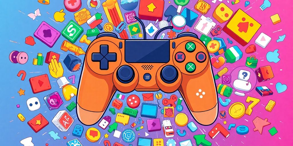 Vibrant game controller surrounded by colorful game icons.