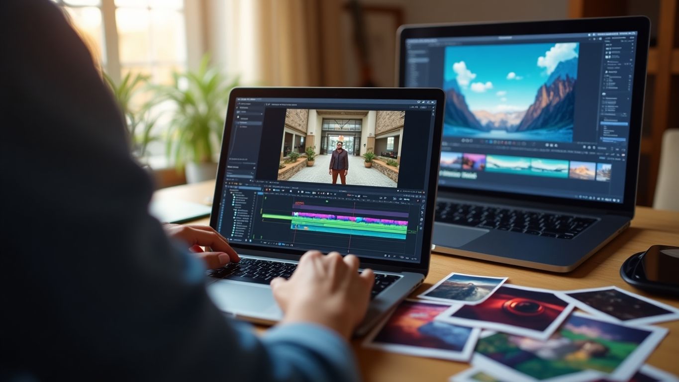 Person editing video content on a laptop in bright workspace.