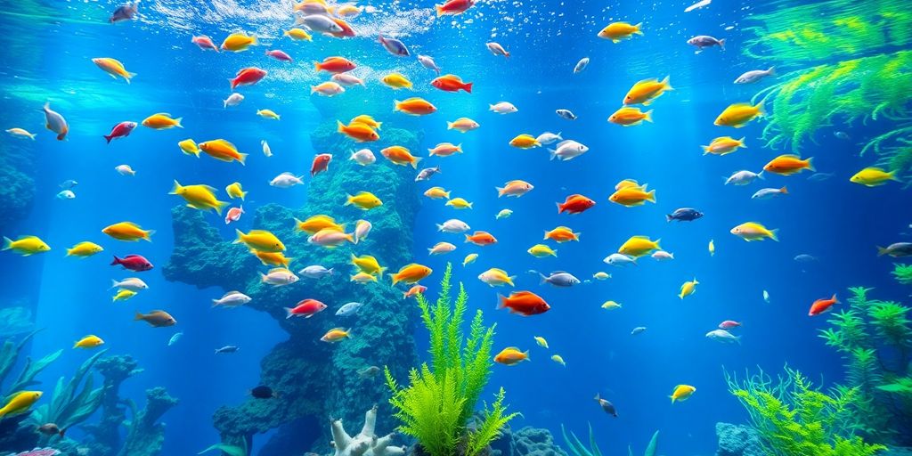 Large aquarium with colorful fish and aquatic plants.