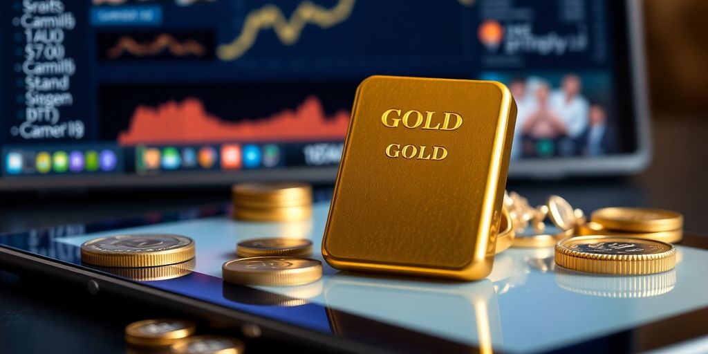 Lingot d'or sur une tablette numérique avec des pièces.