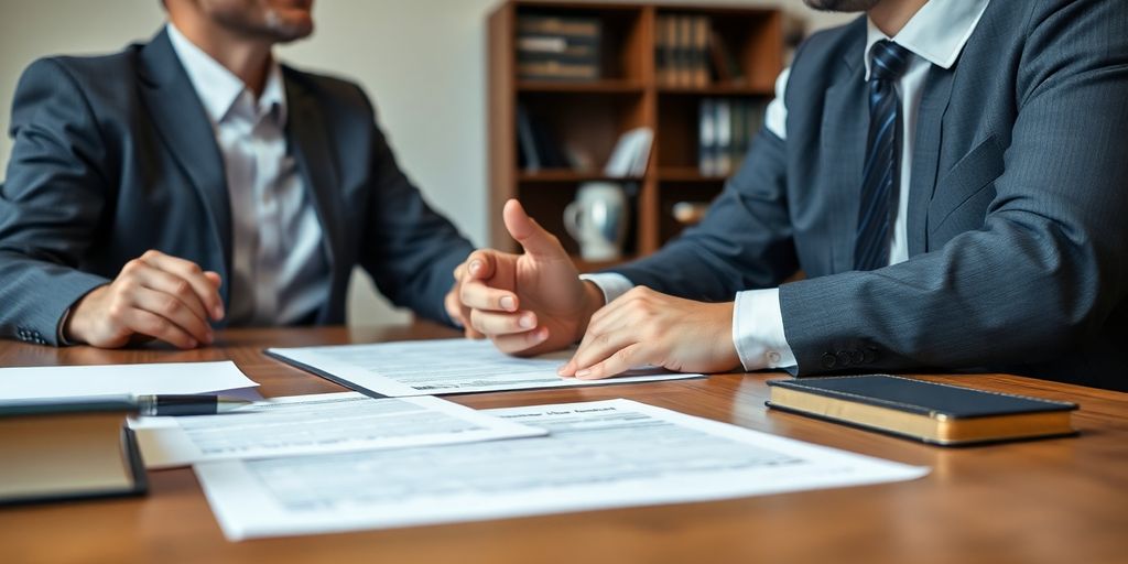Lawyer and client discussing insurance dispute in office.