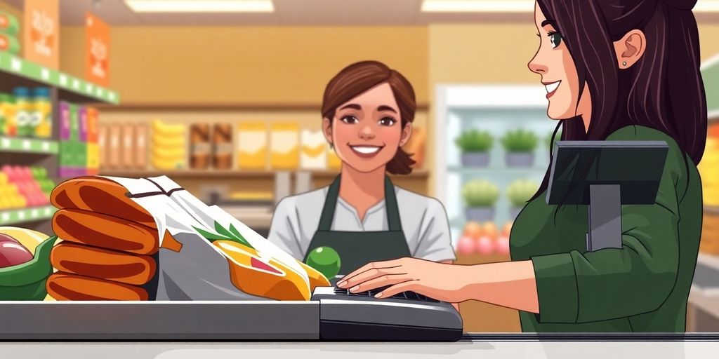Cashier at checkout counter, customer paying.