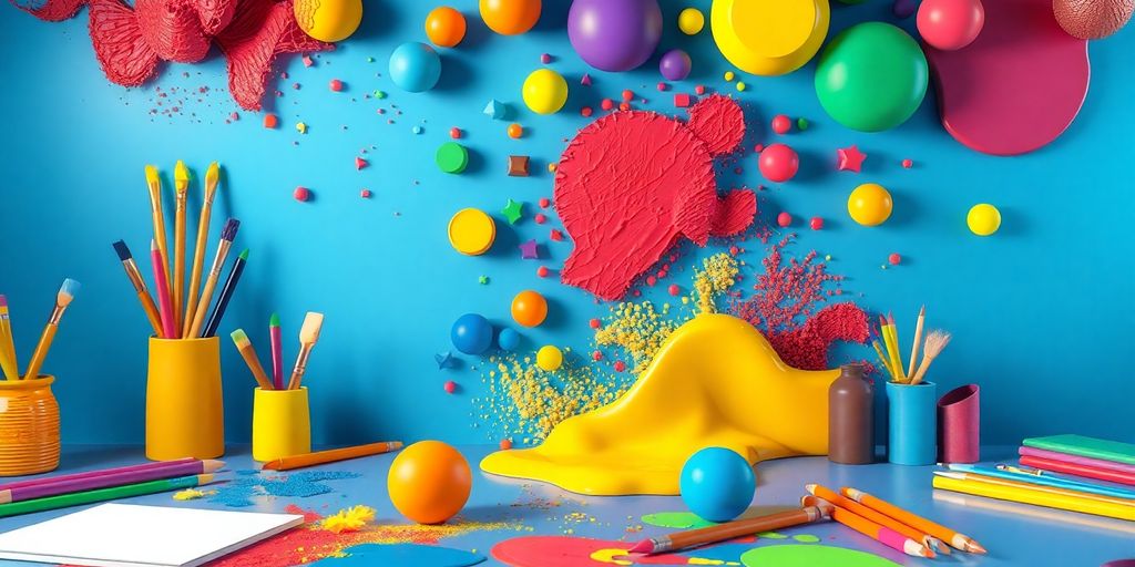 Colorful 3D paint tools and abstract shapes in workspace.
