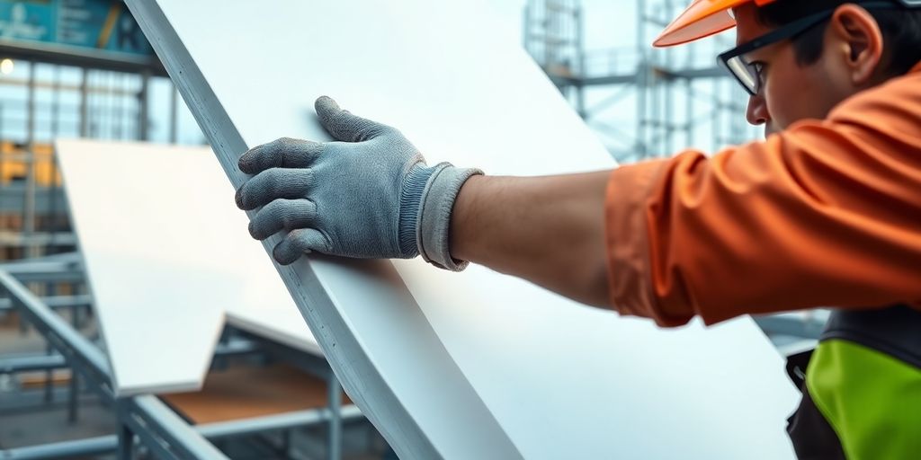 Worker installing polyurethane sandwich panel on building exterior.