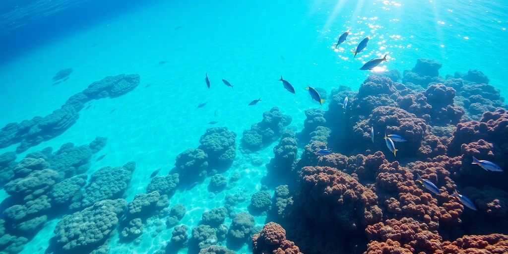 Vibrant coral reef teeming with colorful fish.