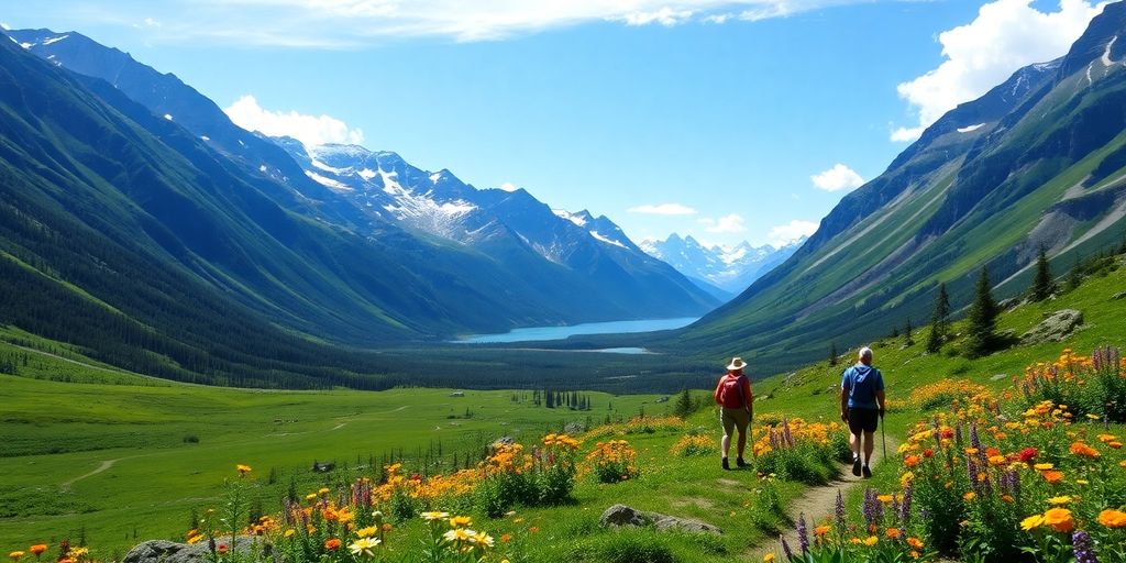 Hikers on a scenic trail in Alaska's national park.