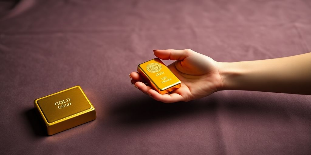 Barres d'or et mains échangeant un don.