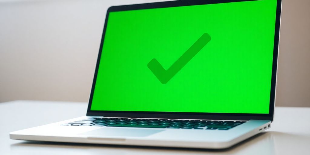 Laptop with job search website, green checkmark.