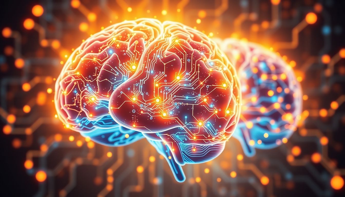 Glowing digital brains of tech giants representing AI profits.