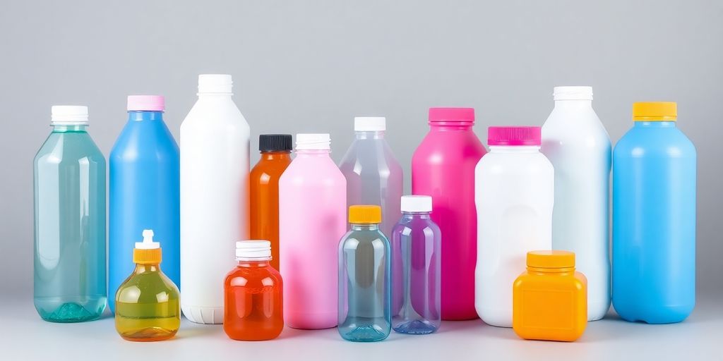 Colorful polyethylene bottles in various shapes and sizes.