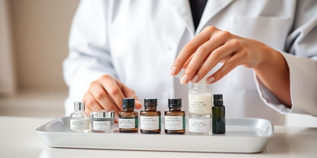 Esthetician student with skincare products.