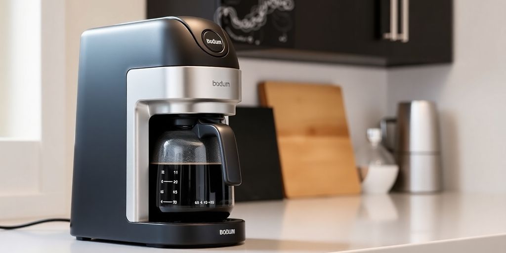 Bodum coffee maker brewing coffee.