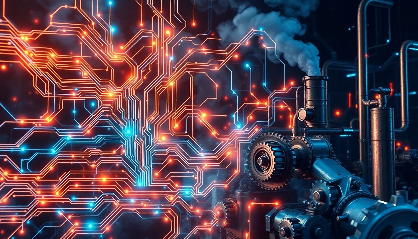Futuristic cityscape with glowing AI neural networks overlaying industrial revolution machinery.