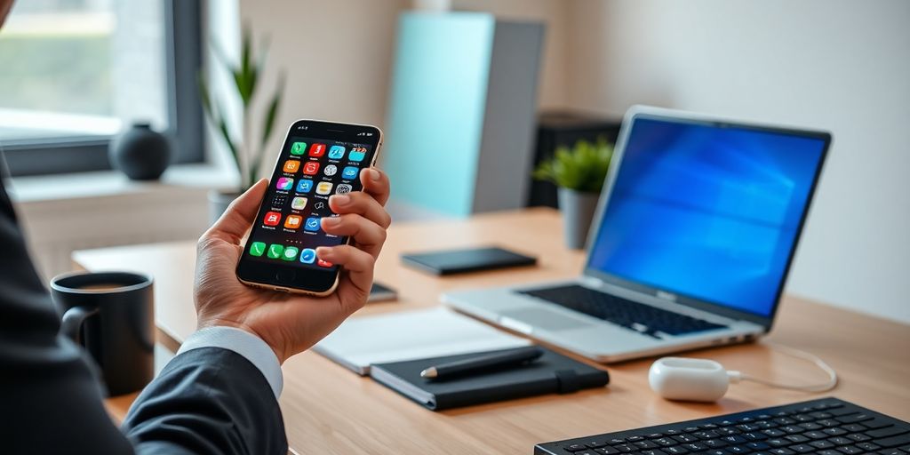Professional using smartphone and laptop at bright modern office desk.