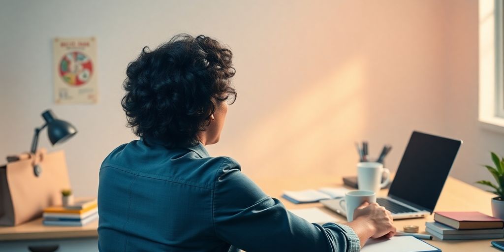 Person at a desk with tools for income generation.