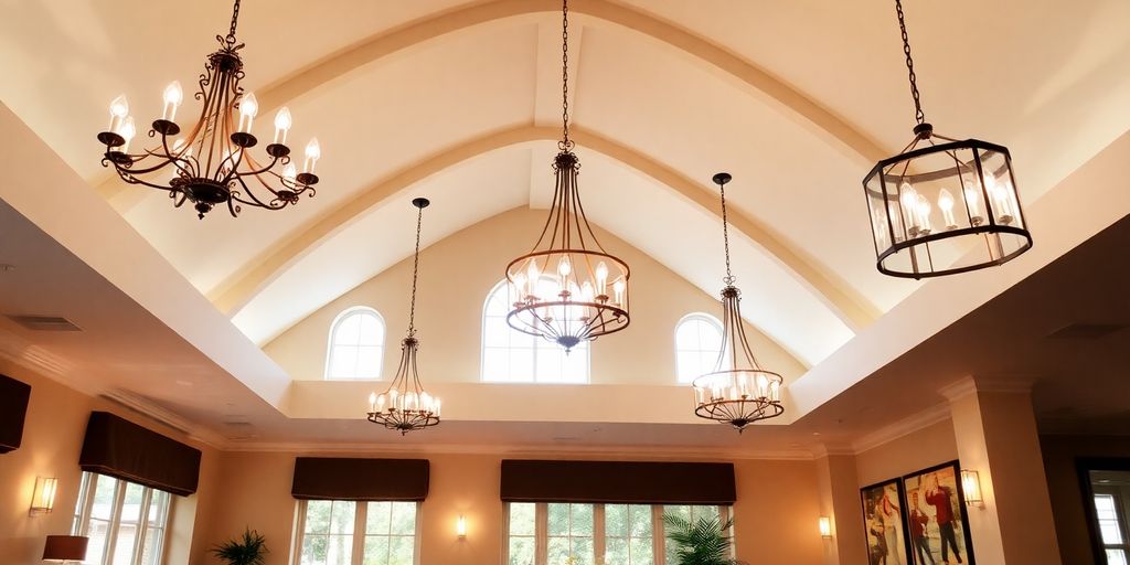 Elegant dining room with vaulted ceilings and stunning lighting.