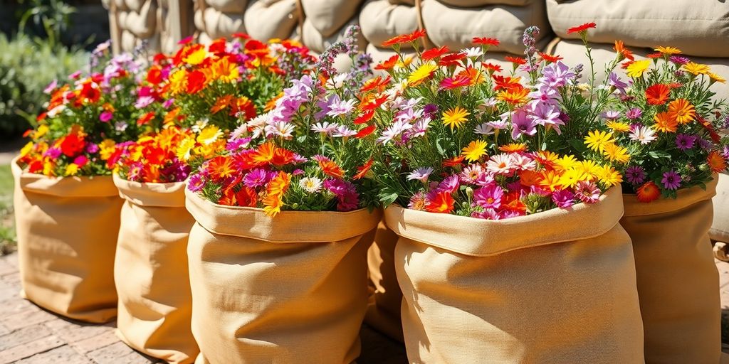 Bolsas geotextiles con flores silvestres sudamericanas