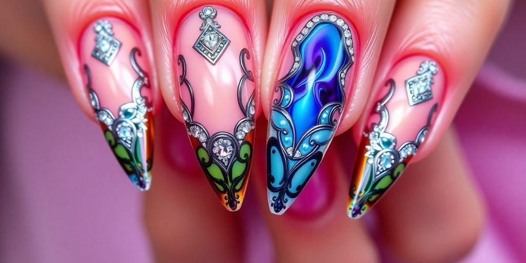 Close-up das unhas de gel deslumbrantes de Kylie Jenner.