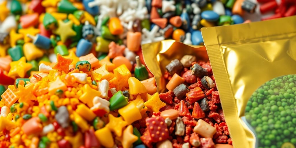 Additifs alimentaires colorés dans des emballages dorés.
