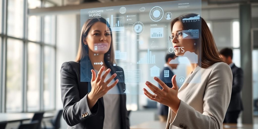 Businesswoman interacting with holographic customer data.