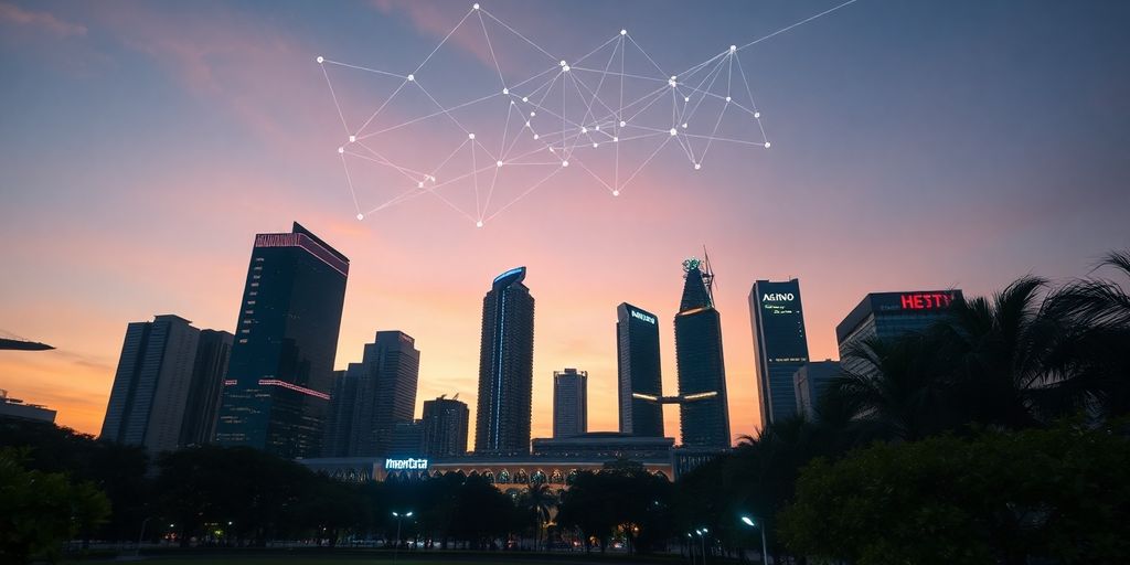 Modern Indonesian city skyline with digital overlay.