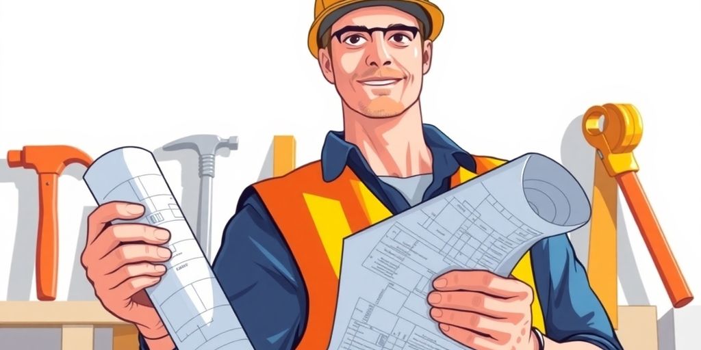 Construction worker with hard hat, blueprint, and tools.