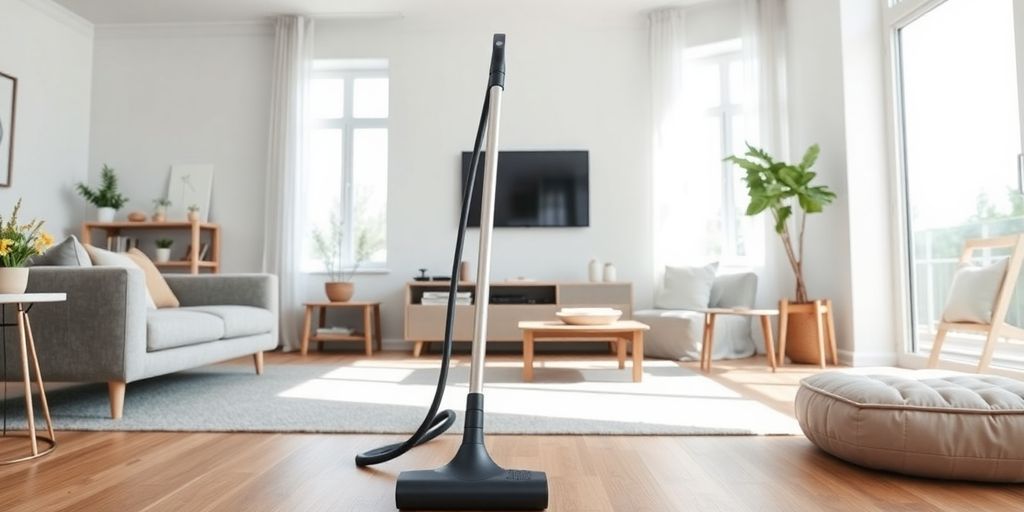 Moderner Staubsauger in einem hellen Wohnzimmer.