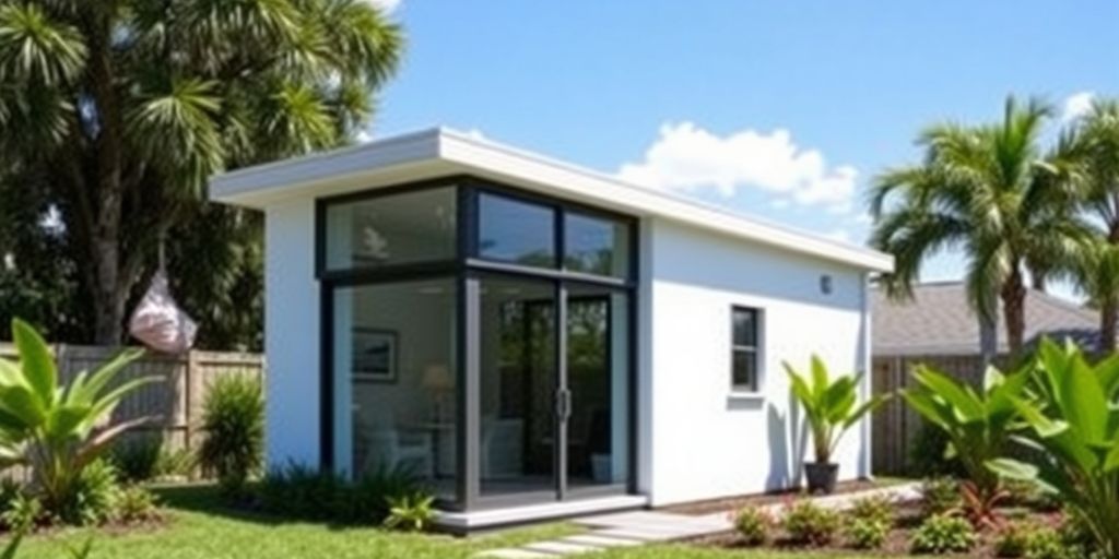 Modern prefab ADU in a sunny Florida backyard.