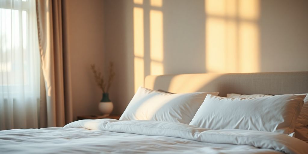 Cozy bedroom with dim lighting and comfortable bedding.
