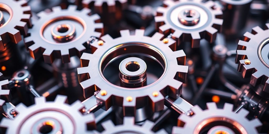 Interconnected gears and blockchain nodes representing supply chain collaboration.