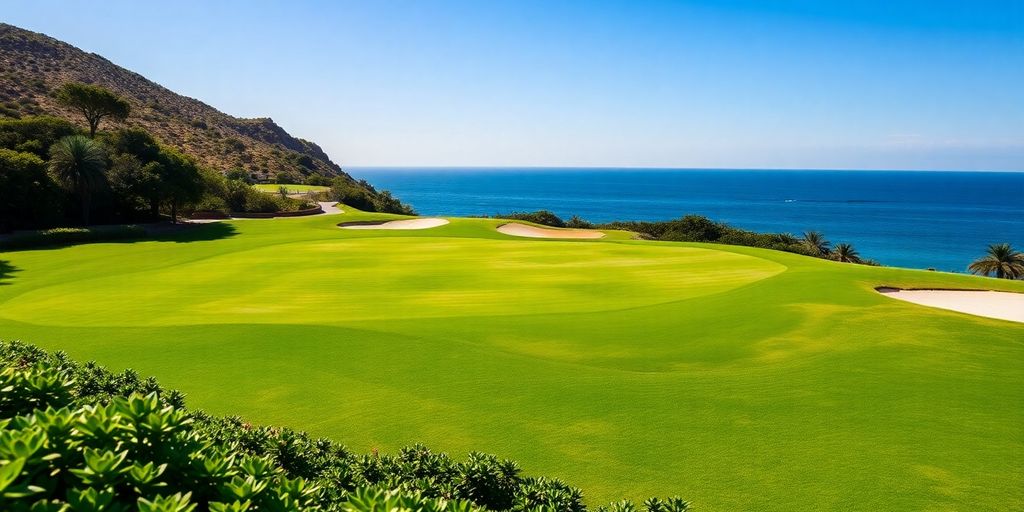 Pristine green fairways meet the azure ocean at a Cabo golf course.