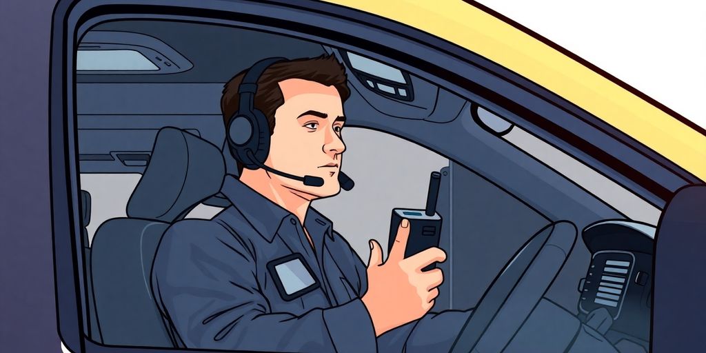 Dispatcher in emergency vehicle, radio in hand.