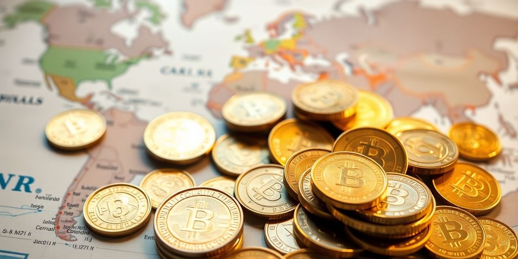 Pièces d'or et devises étrangères sur une carte du monde.