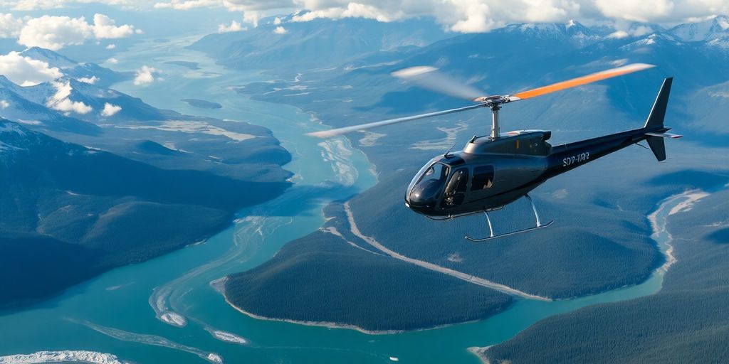 A helicopter flies over majestic, snow-covered Alaskan mountains.