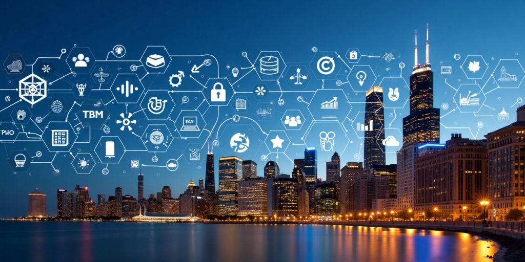 Chicago skyline with business and tech icons.