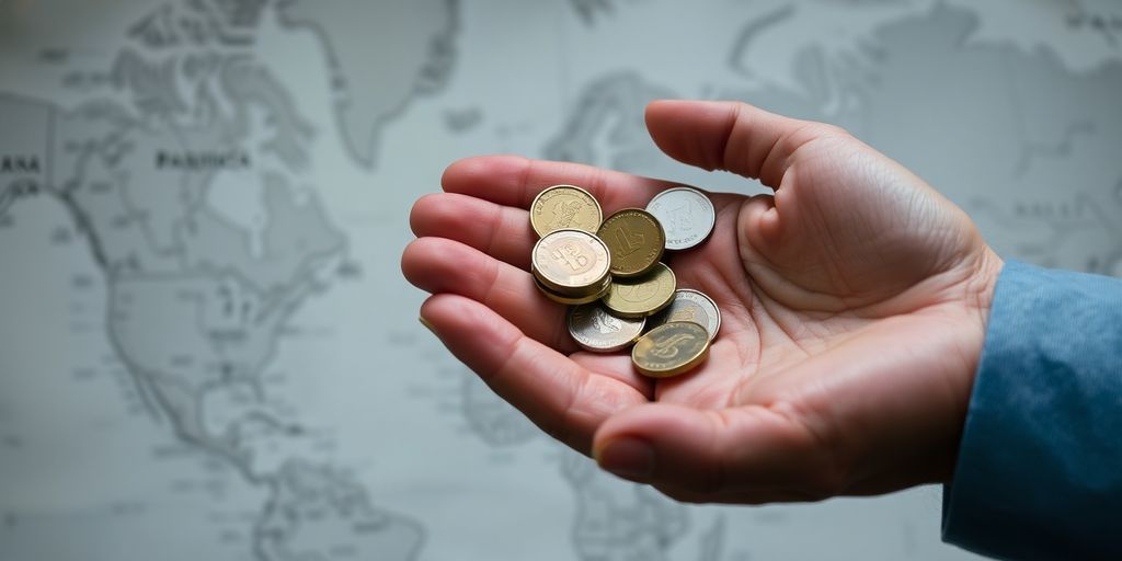 Hands exchanging coins over a map.