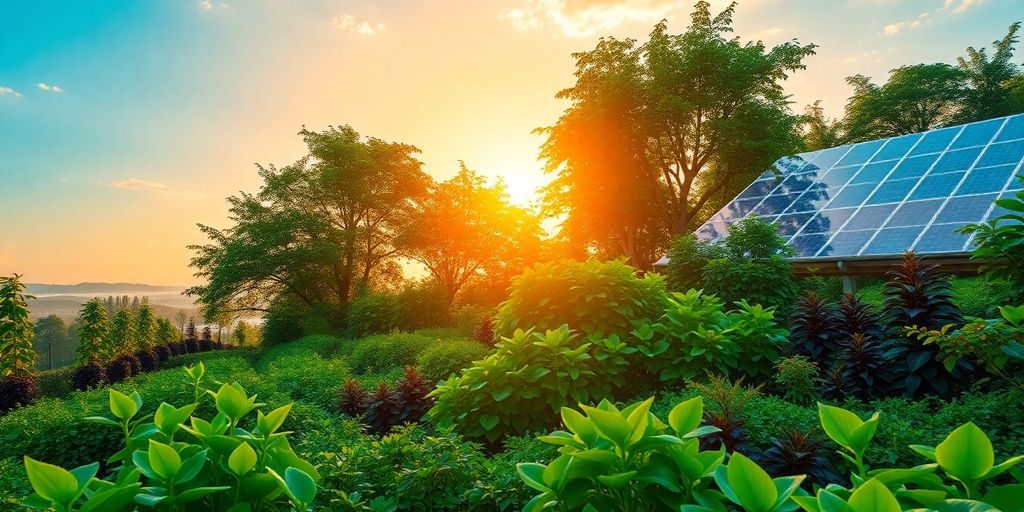 Lush green landscape with sustainable agriculture elements.