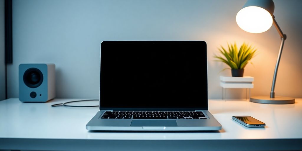 Laptop displaying marketing tools, surrounded by a subtle aura.