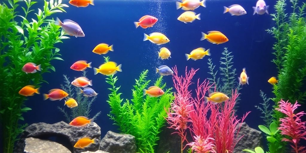 Colorful fish in a lush aquarium with plants.