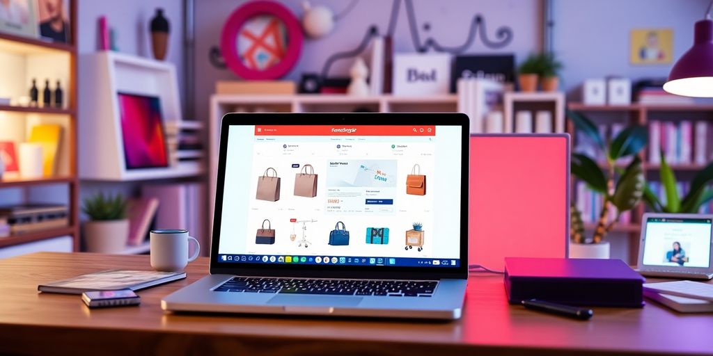 Ecommerce workspace with laptop and product displays.