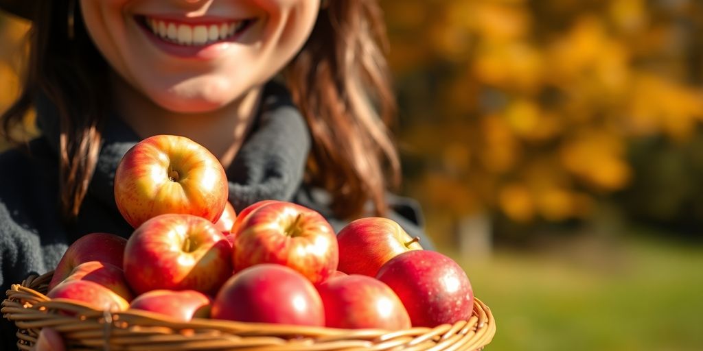 Person smiling, holding basket of apples